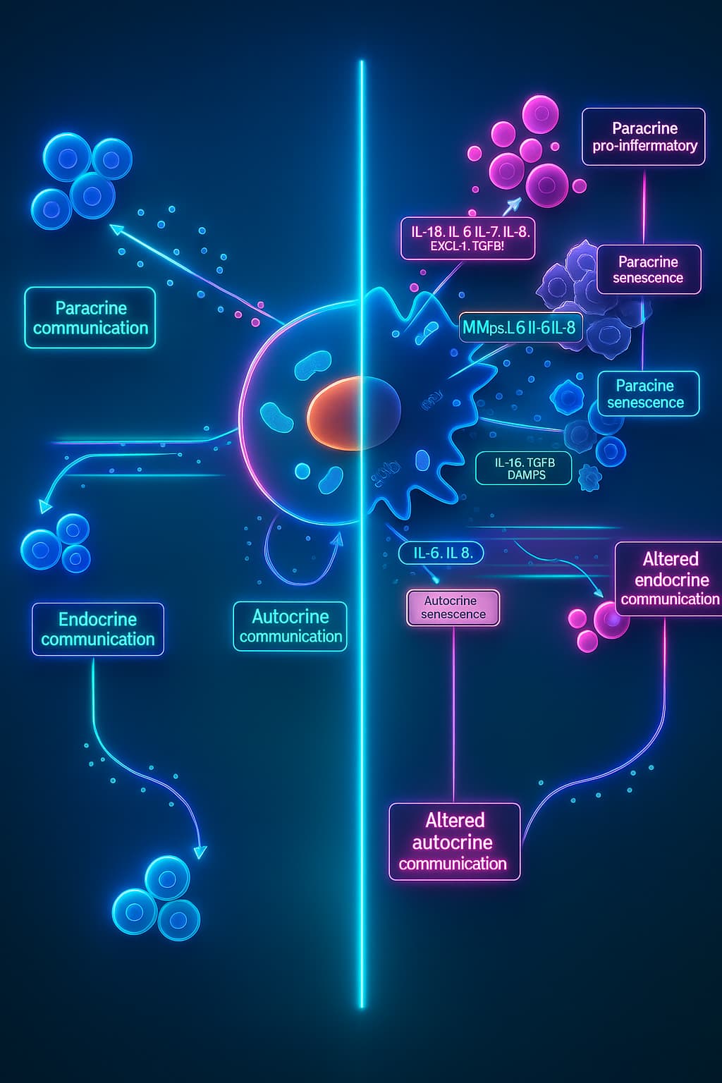 Illustration of a senescent cell releasing SASP factors, contributing to altered intercellular communication, chronic inflammation, and disrupted cellular messages in aging — a key driver of intercellular signaling breakdown and longevity decline
