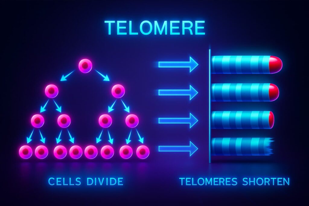 Illustration of telomere shortening at the ends of chromosomes, showing how the protective caps erode with each cell division. The image highlights the connection between telomere and aging, the loss of cellular function, and the potential of telomere extension as a longevity breakthrough in regenerative medicine and anti-aging breakthroughs.