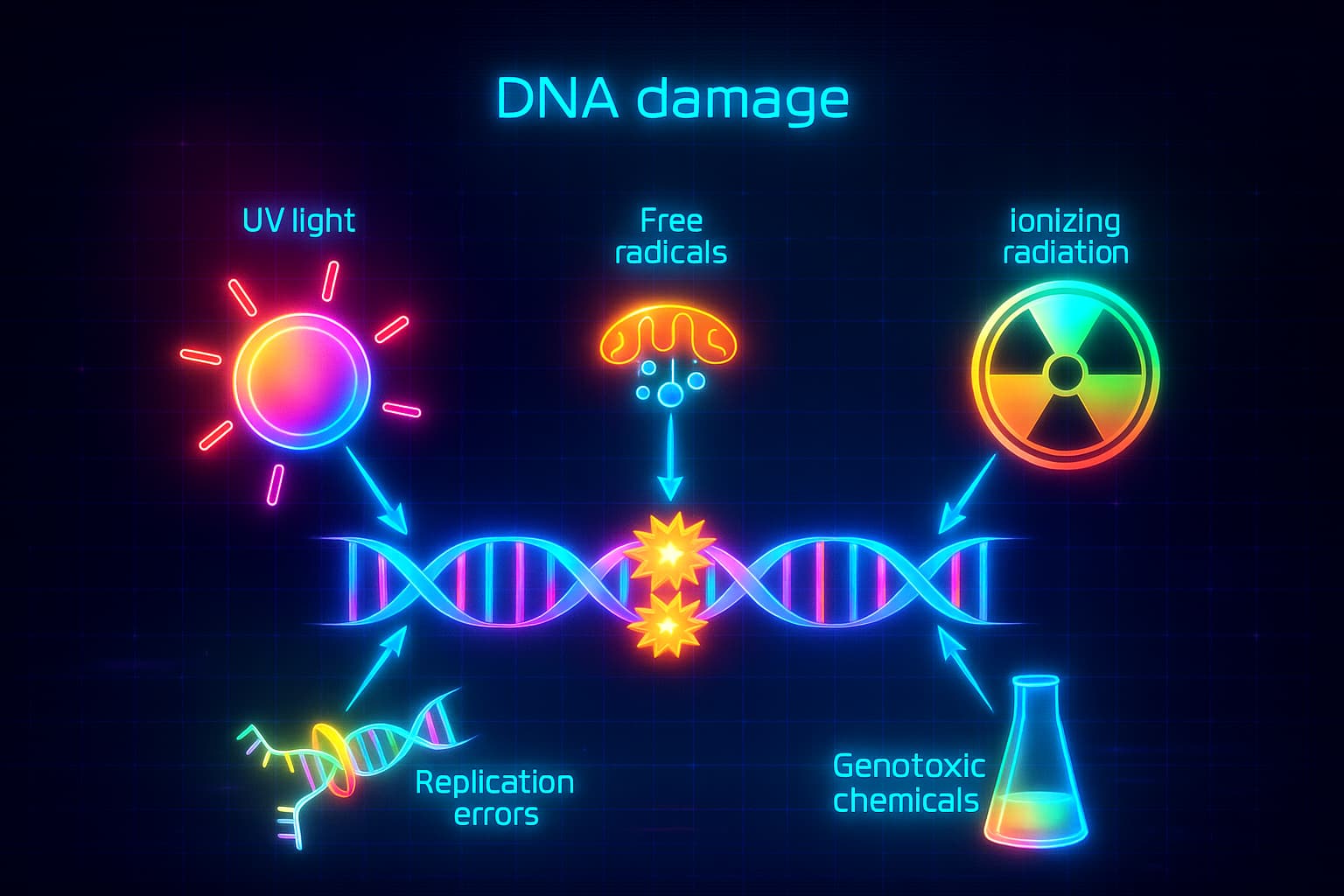 DNA damage in a human cell — a core hallmark of aging that explains why we age, accelerates biological aging, and contributes to cellular aging and reduced longevity.