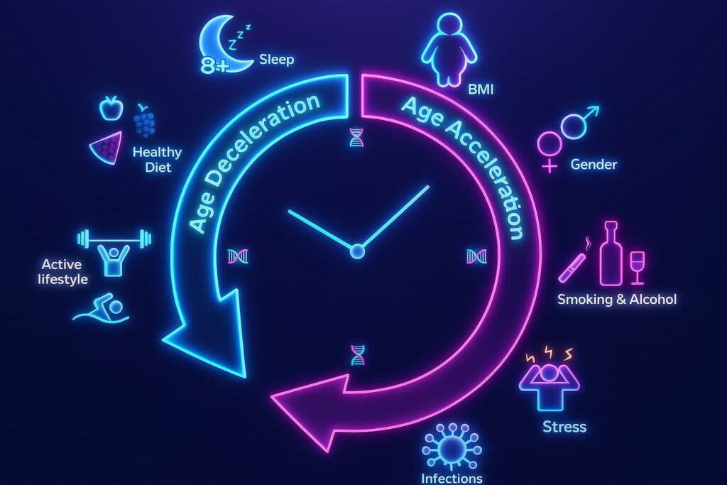 epigenetic clock measuring biological aging at the DNA level — a key hallmark of aging that reveals why we age and how cellular aging impacts longevity."