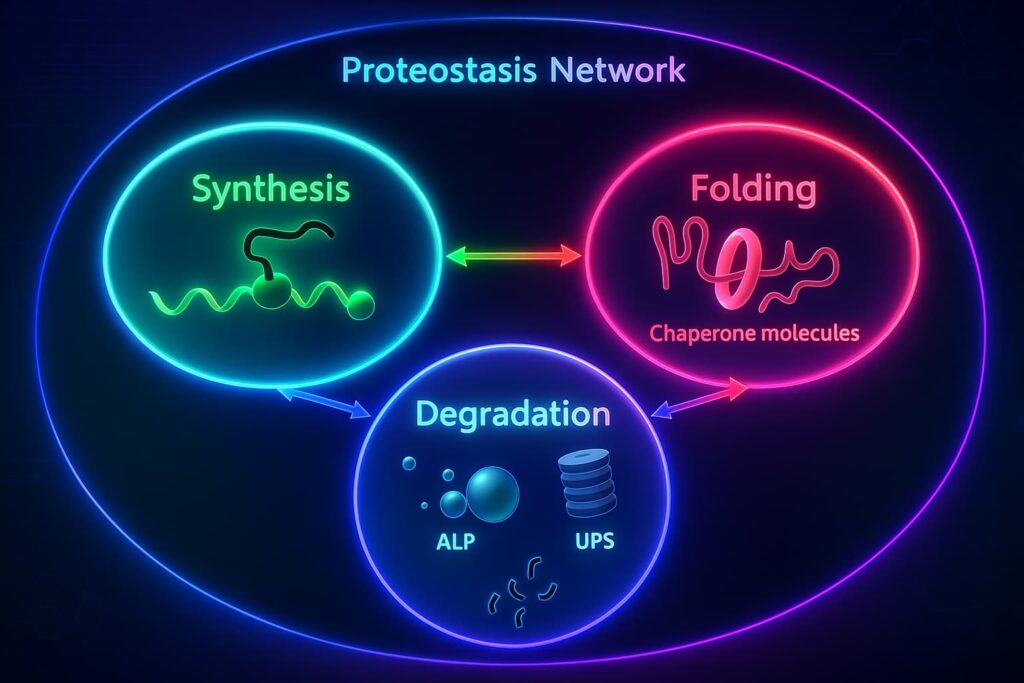 Disrupted proteostasis in aging cells — a hallmark of aging that explains why we age by impairing protein quality control and accelerating biological and cellular aging.