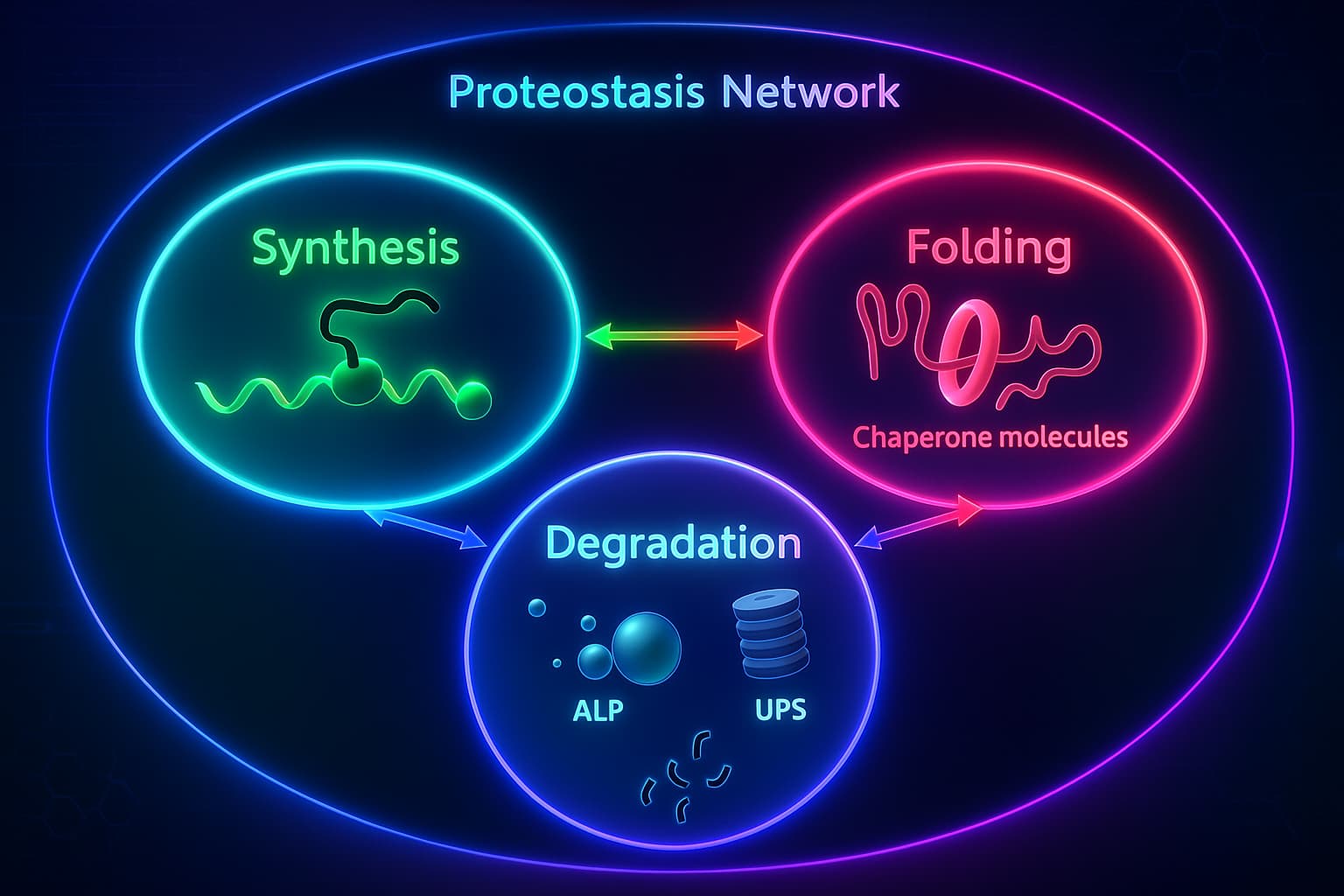Diagram of the proteostasis network showing chaperone proteins, autophagy, and the proteasome working together to maintain protein quality, prevent misfolding, and support healthy aging.