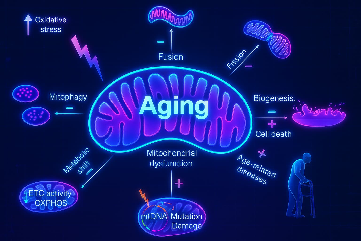 Damaged mitochondria leaking reactive oxygen species, illustrating how mitochondrial decline drives biological aging, cellular stress, and loss of longevity.