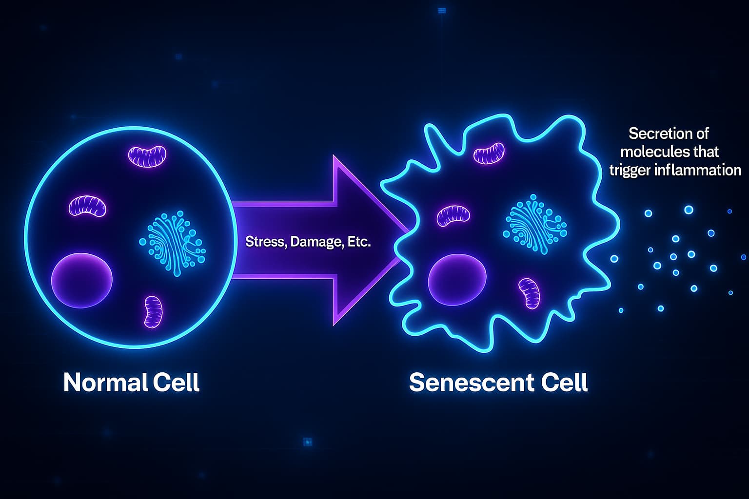 Illustration showing the transformation from a healthy, dividing cell to a senescent cell, highlighting changes in mitochondrial function, DNA damage, and increased oxidative stress — a key process in cellular senescence, aging, and longevity decline