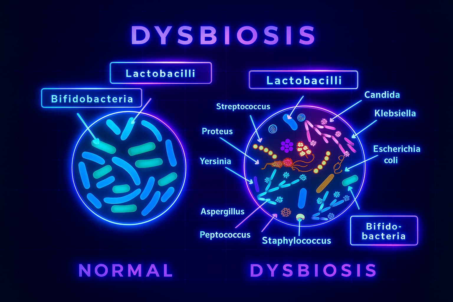 "Visual representation of dysbiosis in the gut microbiome, showing microbial imbalance hallmark of aging, disrupted gut bacteria, and its impact on longevity and gut health decline."