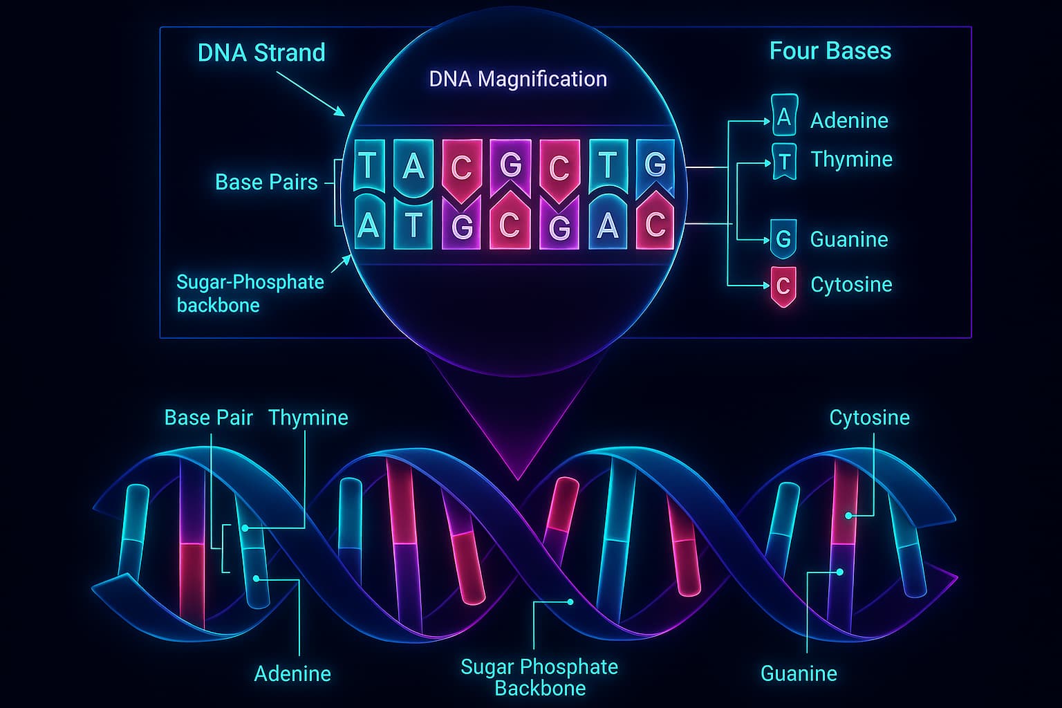 Illustration of DNA structure showing double helix and nucleotide base pairs for understanding DNA damage and aging