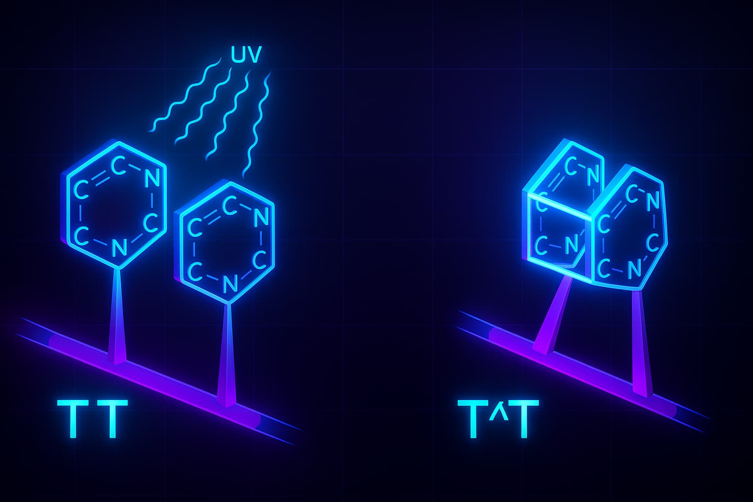 Illustration of thymine dimer DNA damage caused by UV light, showing how DNA damage and aging are connected