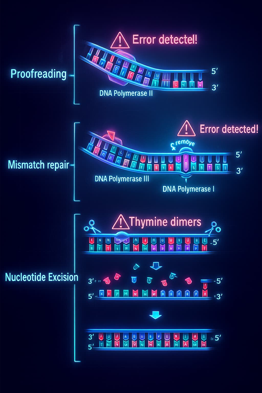 Illustration of DNA repair mechanisms fixing damaged DNA to prevent DNA damage and aging