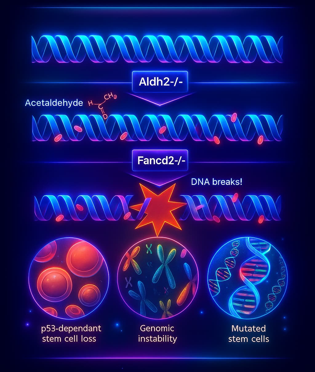 Illustration of acetaldehyde molecule causing DNA damage, showing chemical distortion linked to DNA damage and aging