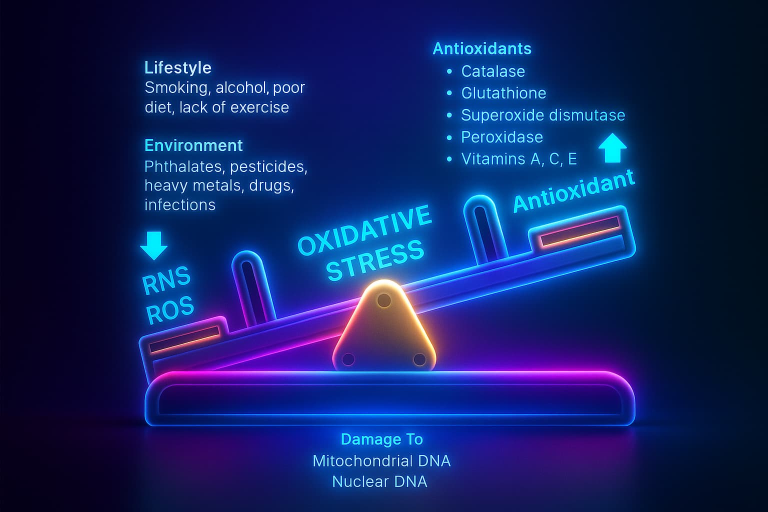 Illustration of oxidative stress and its causes, including reactive oxygen species, mitochondrial dysfunction, and environmental toxins — key drivers of DNA damage and aging.