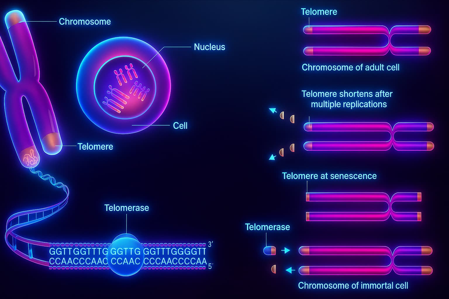 Diagram showing the end-replication problem, with incomplete replication at the lagging strand and progressive telomere shortening.