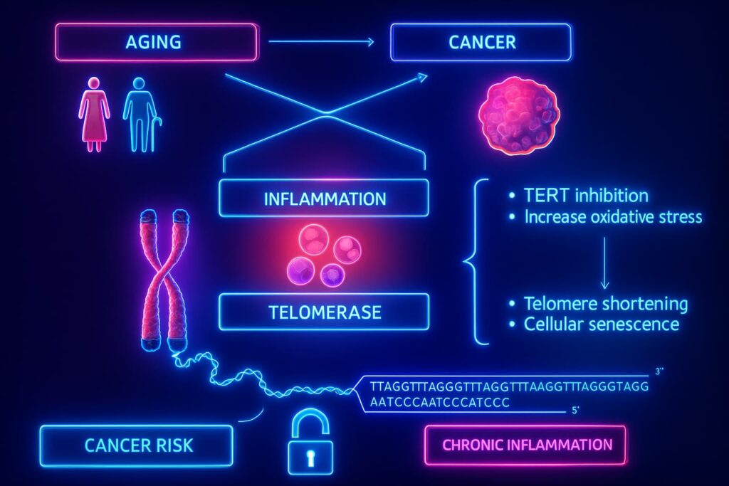Illustration of telomeres shortening over time, symbolizing the connection between telomeres and aging.
