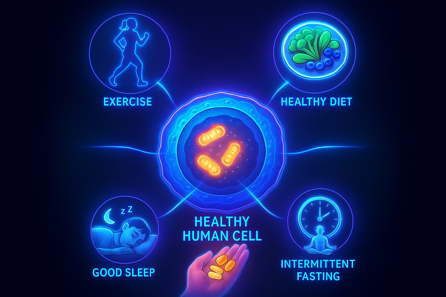 Image showing healthy lifestyle habits such as exercise, sleep, nutrition, and fasting that support proteostasis, enhance cellular cleanup, and promote longevity and healthy aging