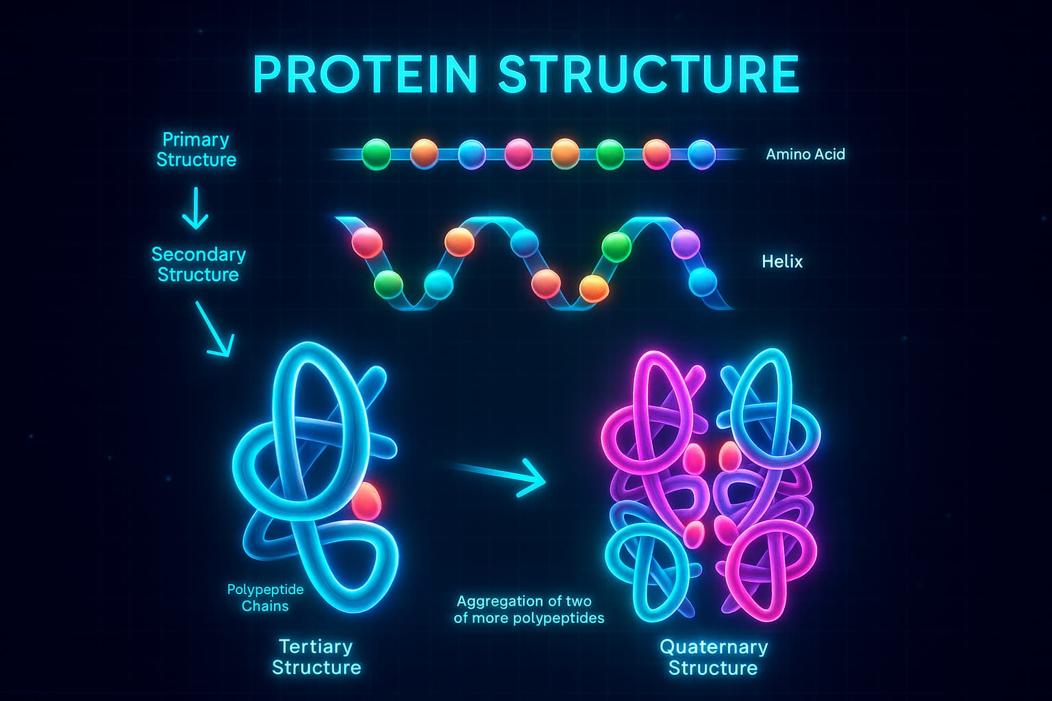 Illustration of protein structures including primary, secondary, tertiary, and quaternary levels, showing how proper protein folding supports proteostasis, cellular function, and healthy aging.