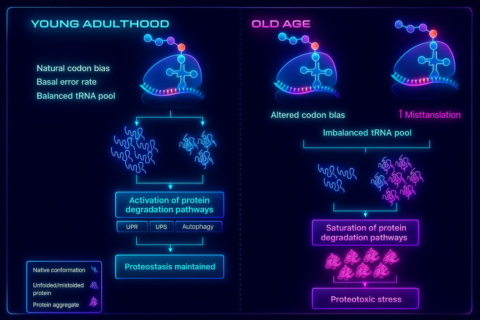 Illustration of aging cell showing decline in proteostasis, with protein misfolding, reduced chaperone activity, impaired autophagy, and buildup of damaged proteins contributing to cellular dysfunction and aging.