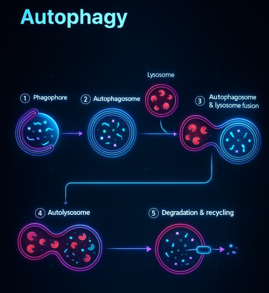Diagram illustrating the steps of autophagy including detection of damaged components, autophagosome formation, fusion with lysosomes, and cellular cleanup—highlighting the role of autophagy in aging, longevity, and intracellular waste removal.