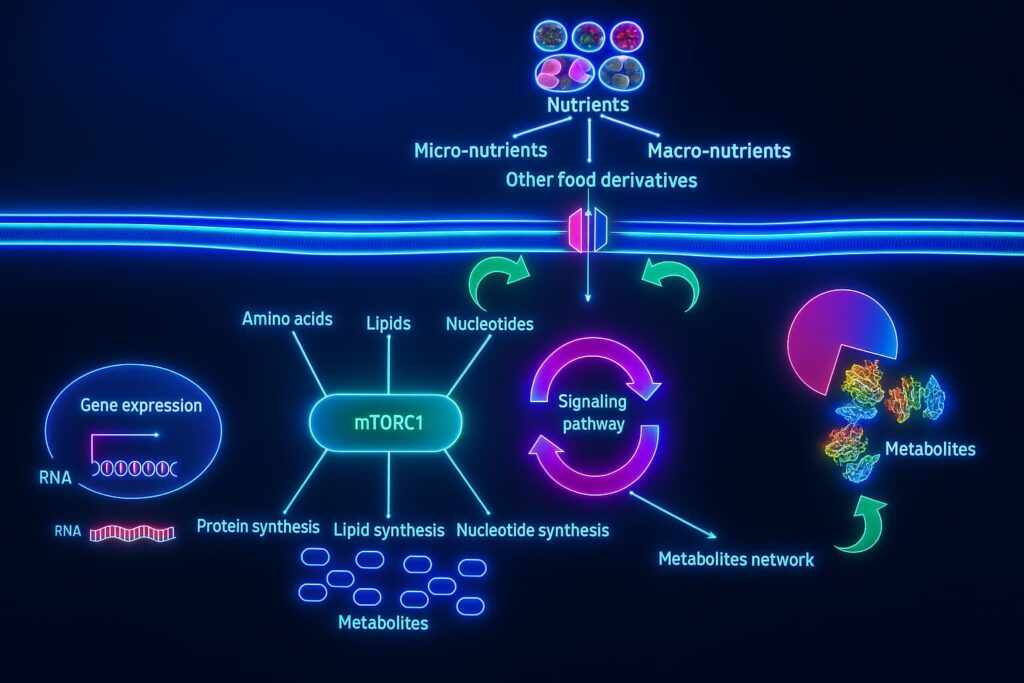 Illustration of cellular nutrient sensing pathways showing mTOR, AMPK, and insulin/IGF-1 regulation in aging cells — highlighting the link between autophagy and aging, deregulated nutrient sensing, and metabolic flexibility and longevity.