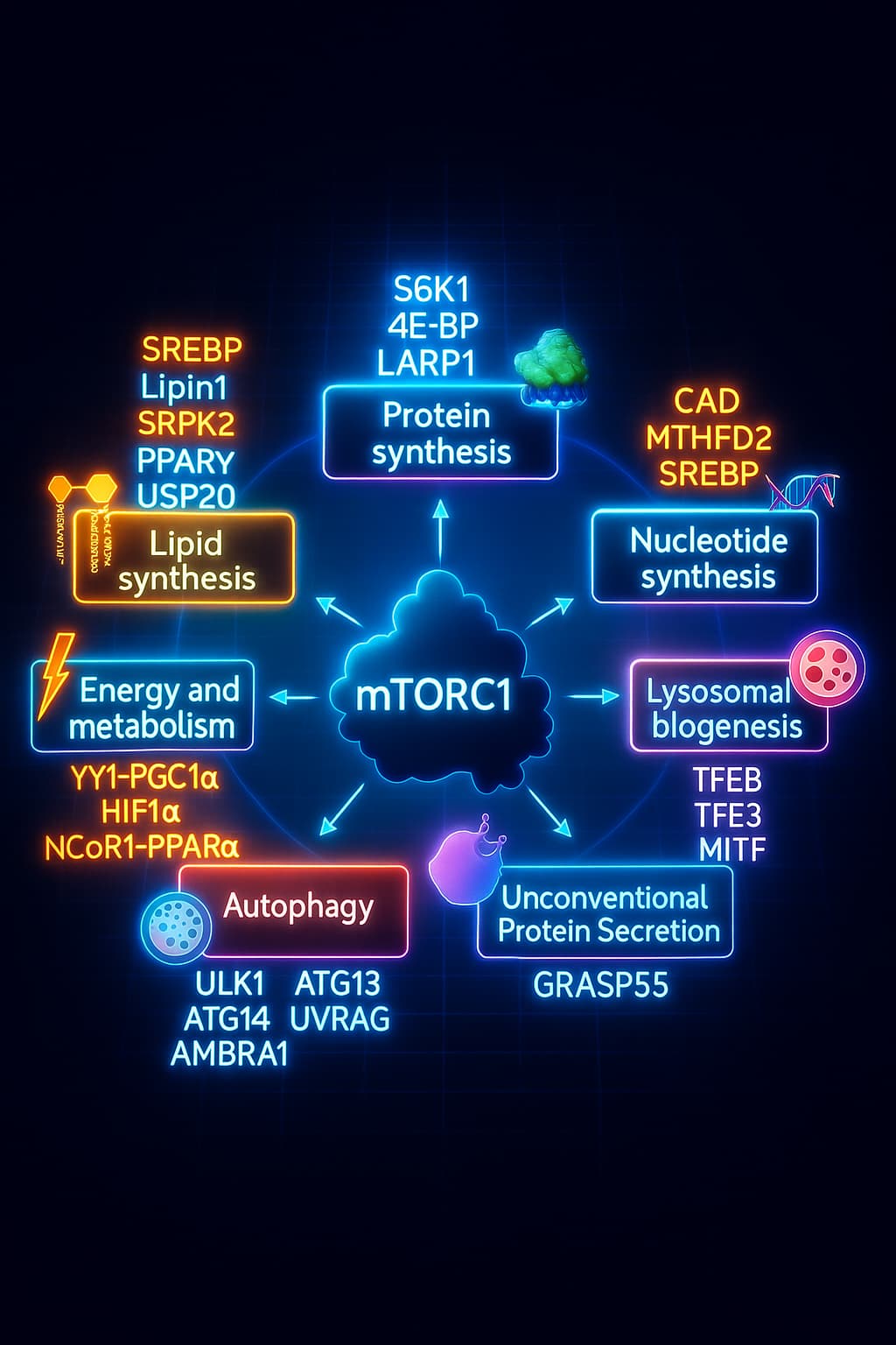 Diagram of the mTOR signaling pathway in cells, showing its role in growth, protein synthesis, and how chronic activation affects autophagy and aging — key in nutrient sensing and longevity.