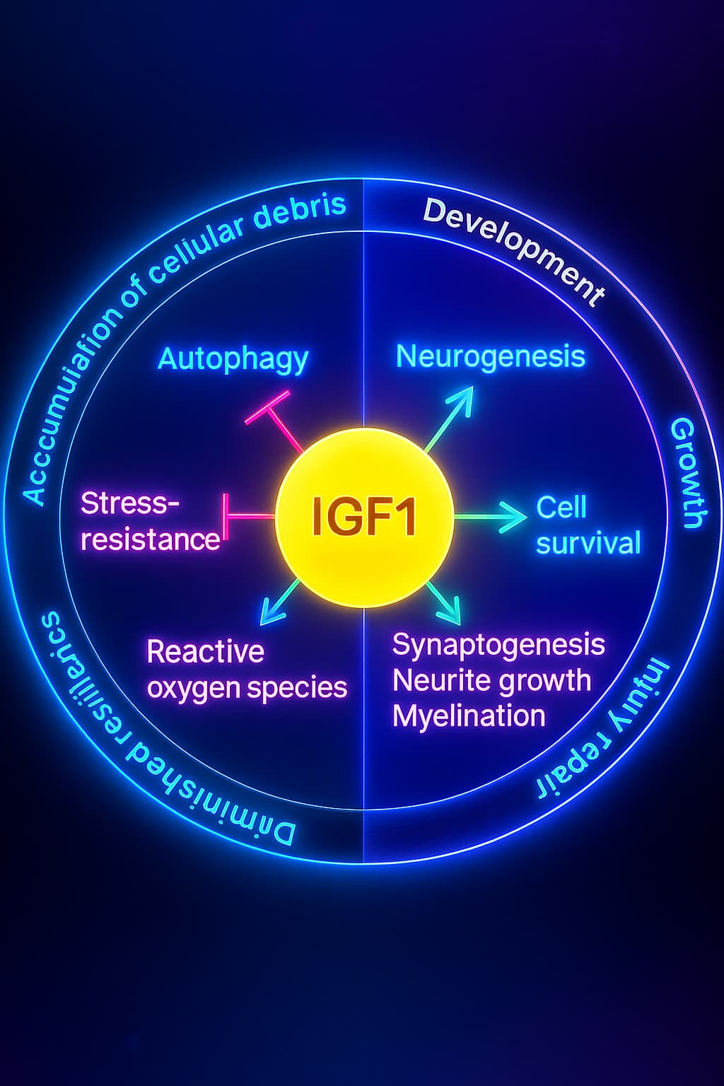 Illustration of IGF-1 signaling pathway and its role in nutrient sensing and aging, highlighting insulin resistance, deregulated nutrient sensing, metabolic flexibility, and hallmarks of aging such as autophagy decline and mitochondrial dysfunction.