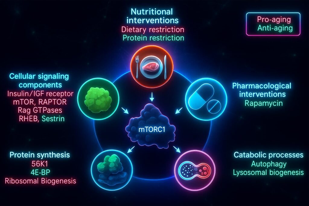 Illustration of lifestyle factors like high-protein diet, overeating, and inactivity activating mTOR — disrupting nutrient sensing and accelerating aging