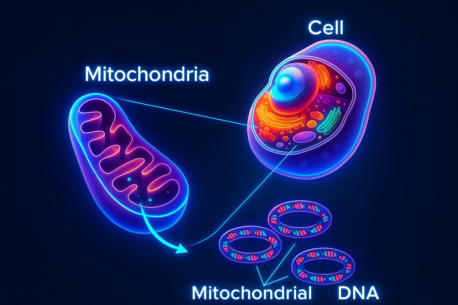 Visual of mitochondrial dysfunction inside a human cell — highlighting cellular energy decline, oxidative stress, and the connection between mitochondria and aging.