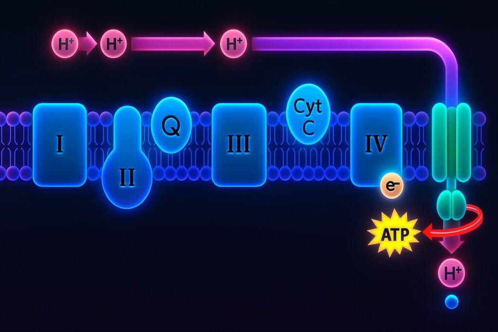 Diagram of the mitochondrial electron transport chain, illustrating how mitochondrial dysfunction leads to cellular energy decline, oxidative stress, and aging-related damage