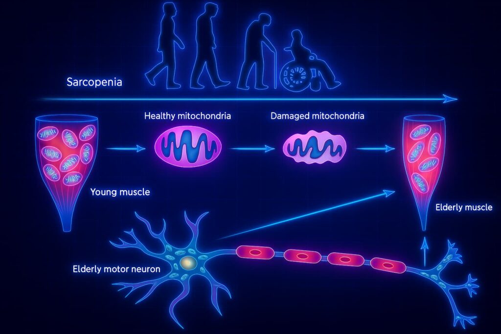 Comparison image showing healthy mitochondria versus aged mitochondria with dysfunction, reduced ATP production, and increased oxidative stress — key drivers of mitochondrial dysfunction, aging, and cellular energy decline.