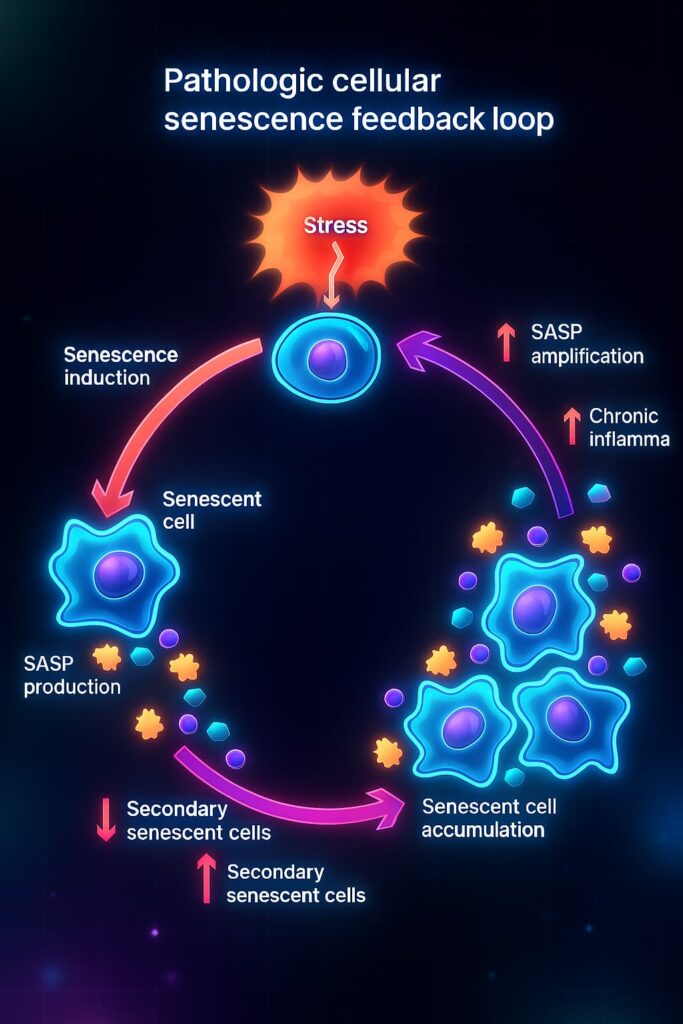 Diagram of the senescence cycle: DNA damage, oxidative stress, and telomere shortening trigger cellular senescence; senescent cells release SASP factors, fueling inflammation and immune dysfunction; impaired immune clearance allows senescent cells to accumulate, completing the vicious cycle of aging and cellular decline