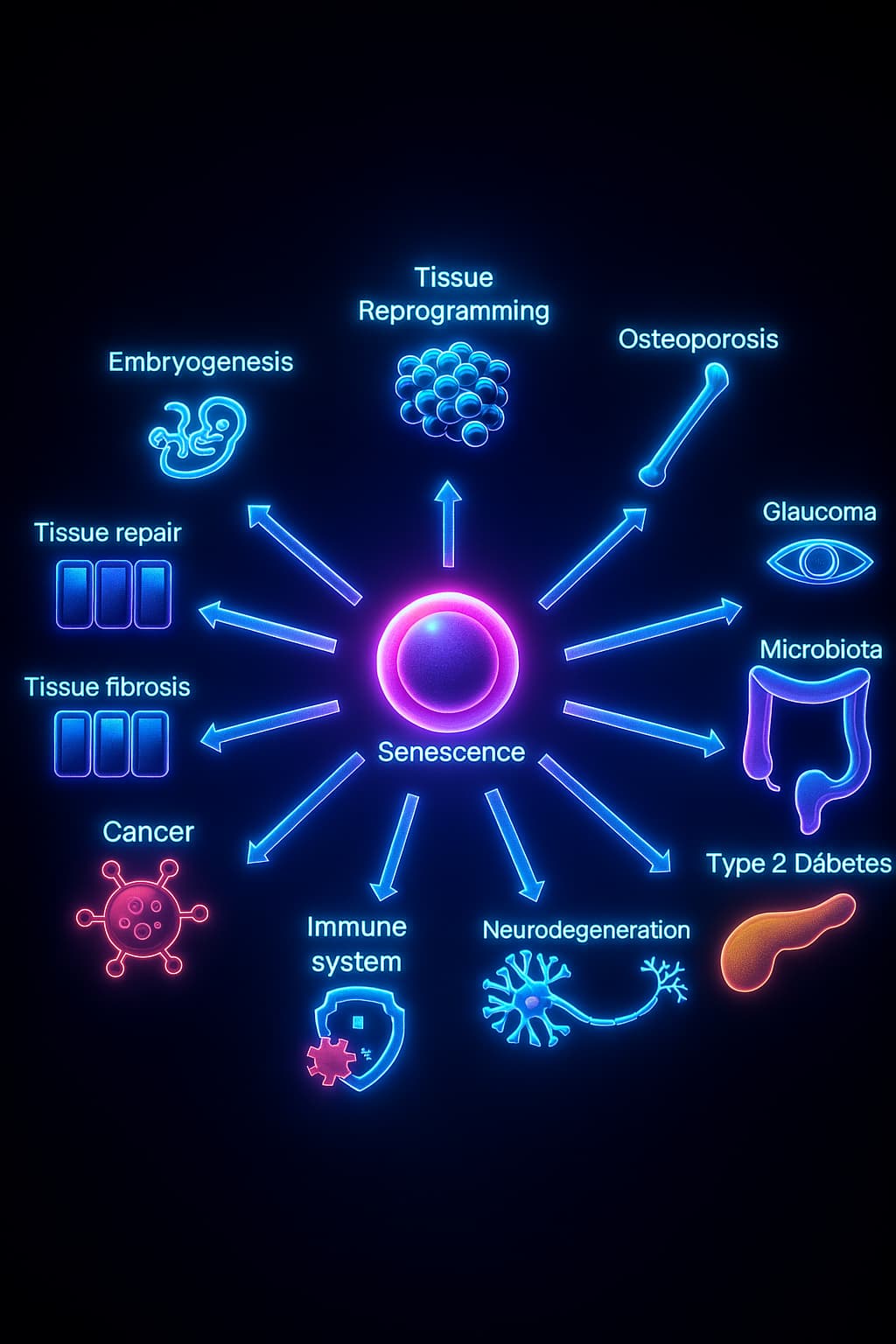 Diagram showing key roles of senescent cells in aging and longevity — including DNA damage response, secretion of inflammatory SASP factors, immune system signaling, and stem cell inhibition. Highlights how cellular senescence contributes to tissue degeneration and chronic inflammation