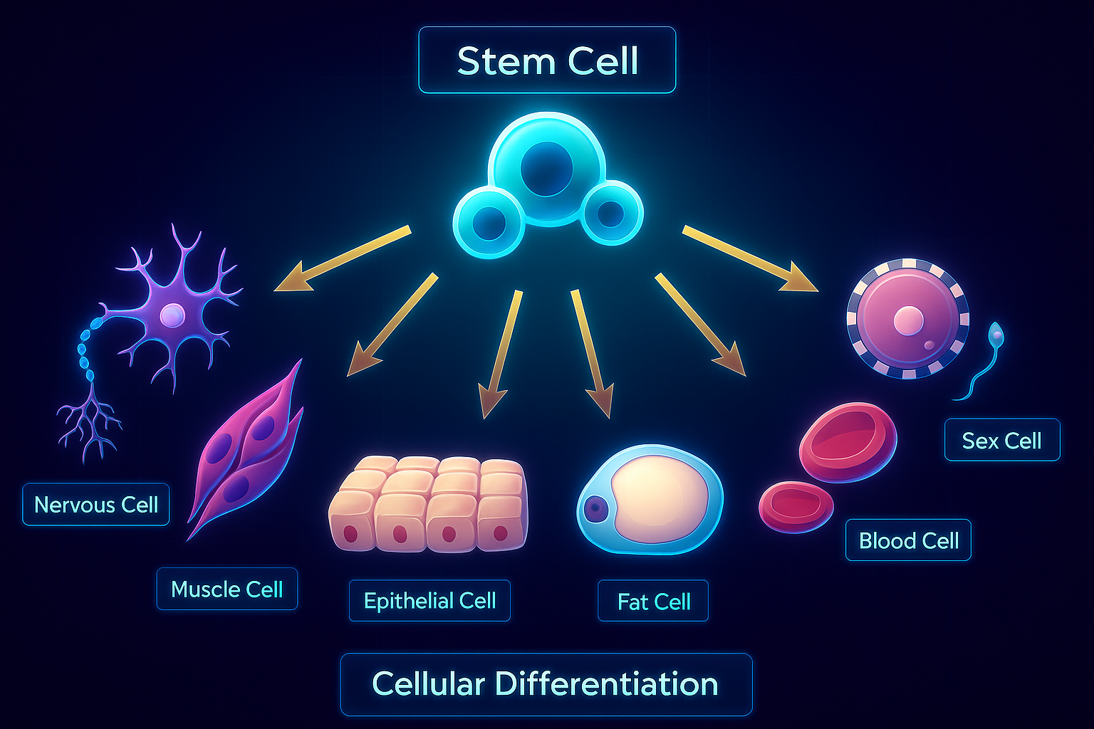 “Microscopic illustration of adult stem cells in their niche, showing dormant stem cells preparing to divide and regenerate damaged tissue — key concept in stem cells and aging