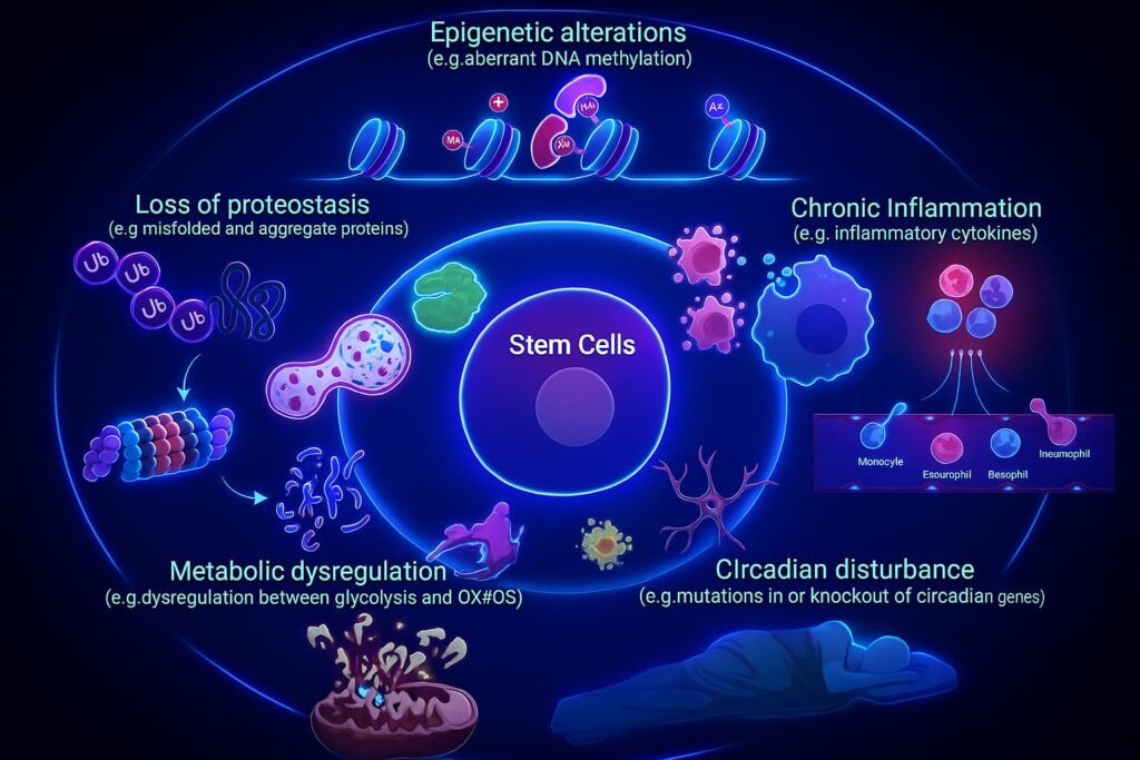 Illustration showing causes of stem cell damage and exhaustion — including DNA damage, oxidative stress, inflammation, epigenetic drift, and aging-related niche degradation. Visual metaphor of stressed stem cells surrounded by reactive oxygen species, damaged DNA, and inflammatory signals. Keywords: stem cell exhaustion, stem cells and aging, regenerative decline, oxidative stress, DNA damage, inflammation