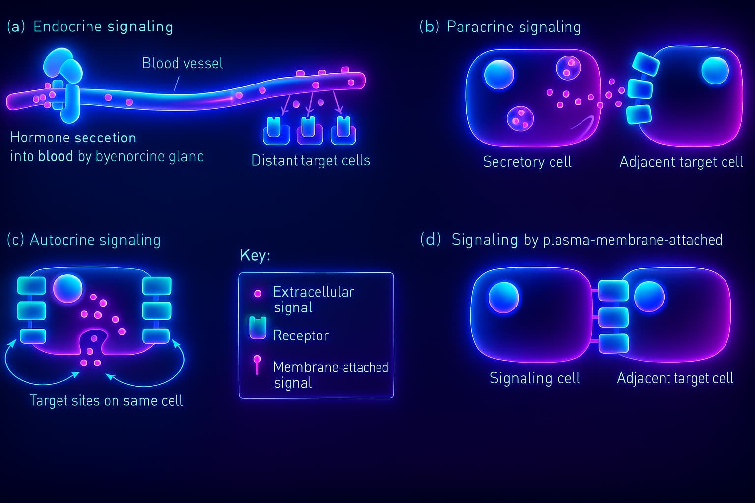 Illustration of altered intercellular communication, showing endocrine, paracrine, autocrine, and direct signaling pathways — highlighting how cell-to-cell signaling breaks down with aging and contributes to disrupted cellular messages, inflammatory communication, and intercellular signaling breakdown.