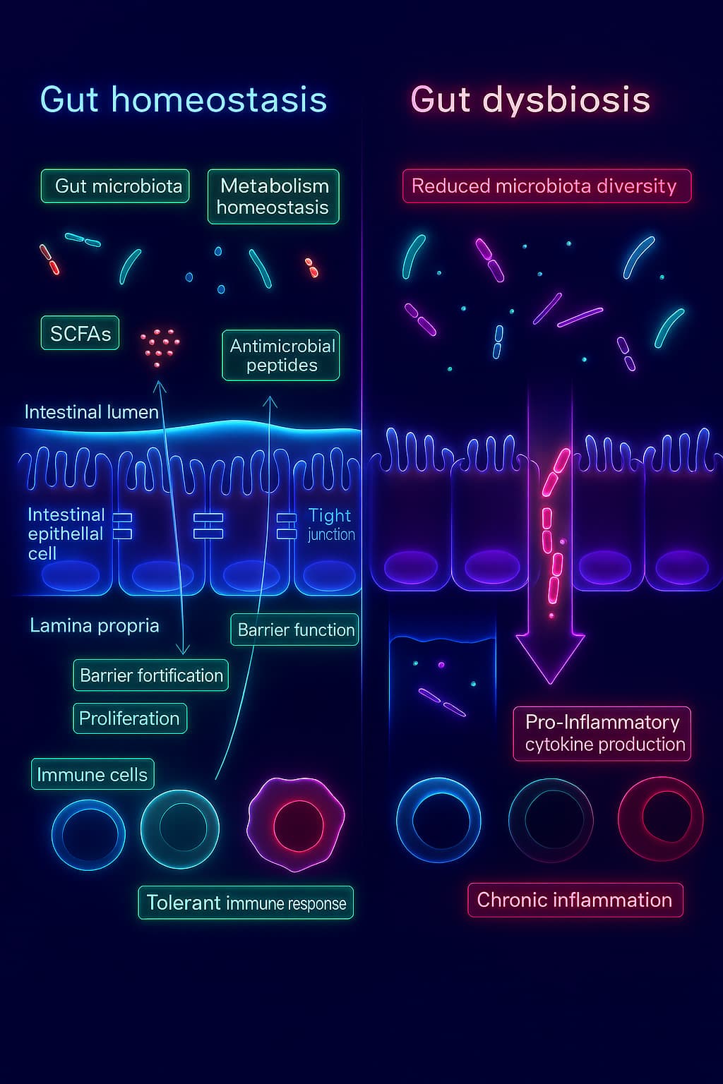 Visualization of gut dysbiosis in aging, showing reduced microbial diversity and increased harmful bacteria — contributing to altered intercellular communication, disrupted gut-brain signaling, and inflammatory communication linked to longevity decline.