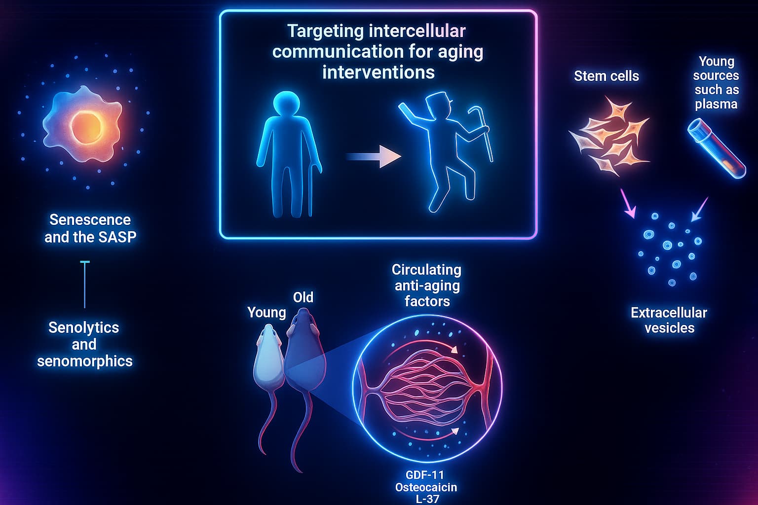 Scientific illustration of targeting altered intercellular communication to treat aging — depicting restored cell-to-cell signaling, reduced inflammatory communication, and improved longevity through advanced therapies