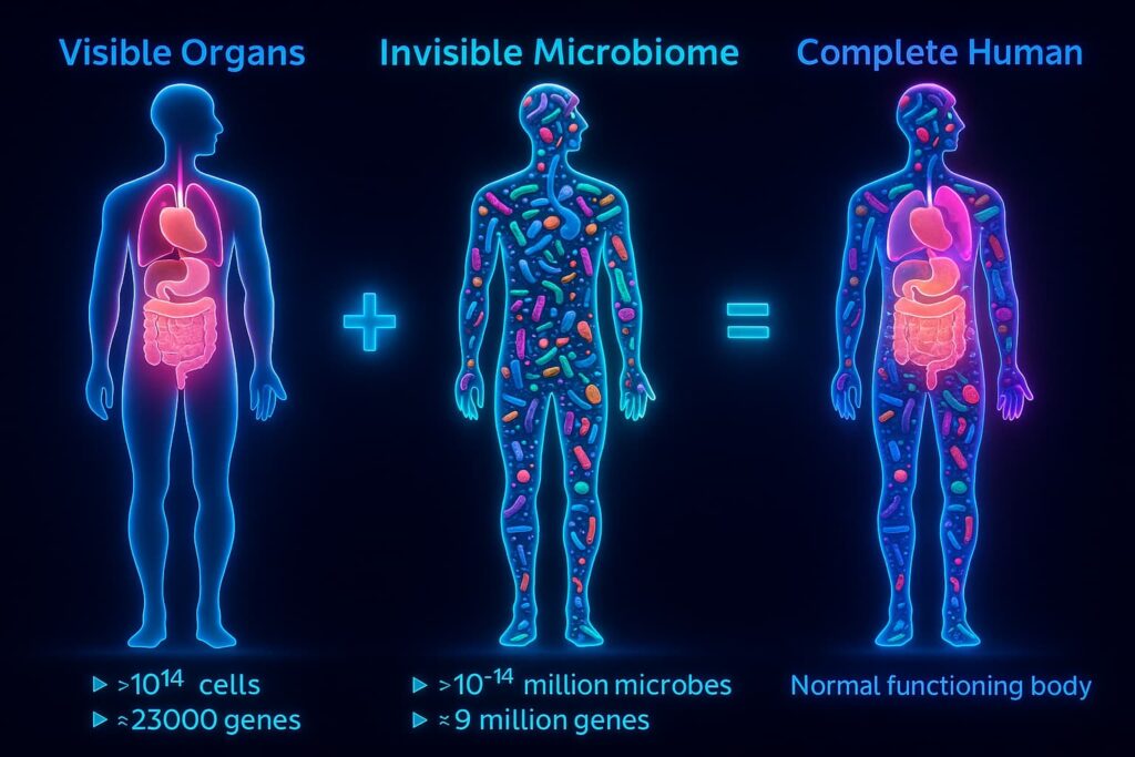 Visualization of the gut microbiome showing how a longevity diet and Lifespan Nutrition support healthy bacteria. Fermented foods, legumes, and plant fibers feed beneficial microbes that reduce inflammation, improve immunity, and protect DNA. A strong gut microbiome is central to anti-aging diets, foods for longevity, and a diet for longevity that extends healthspan and slows the hallmarks of aging.