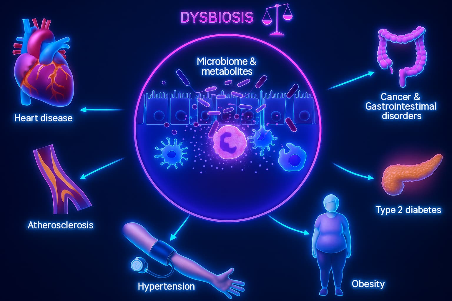 Illustration of how dysbiosis and aging affect the human body, highlighting gut health decline, systemic inflammation, immune confusion, and the connection between gut microbiome and longevity.