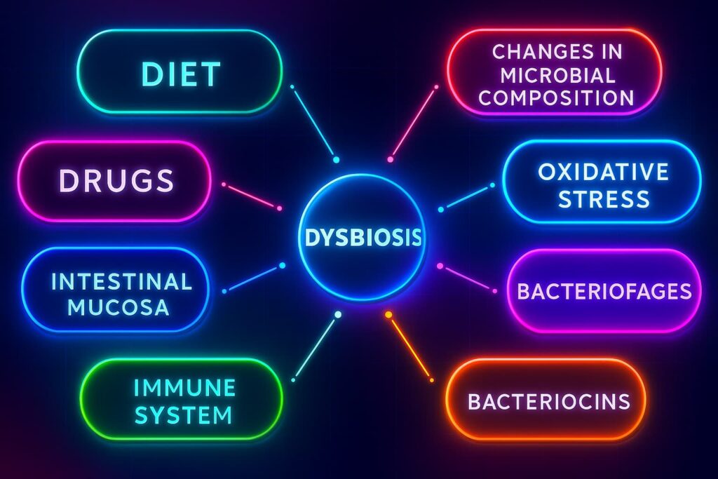 Visual diagram of dysbiosis factors including aging, poor diet, antibiotics, and stress — showing how these disrupt the gut microbiome and contribute to microbial imbalance, a hallmark of aging.