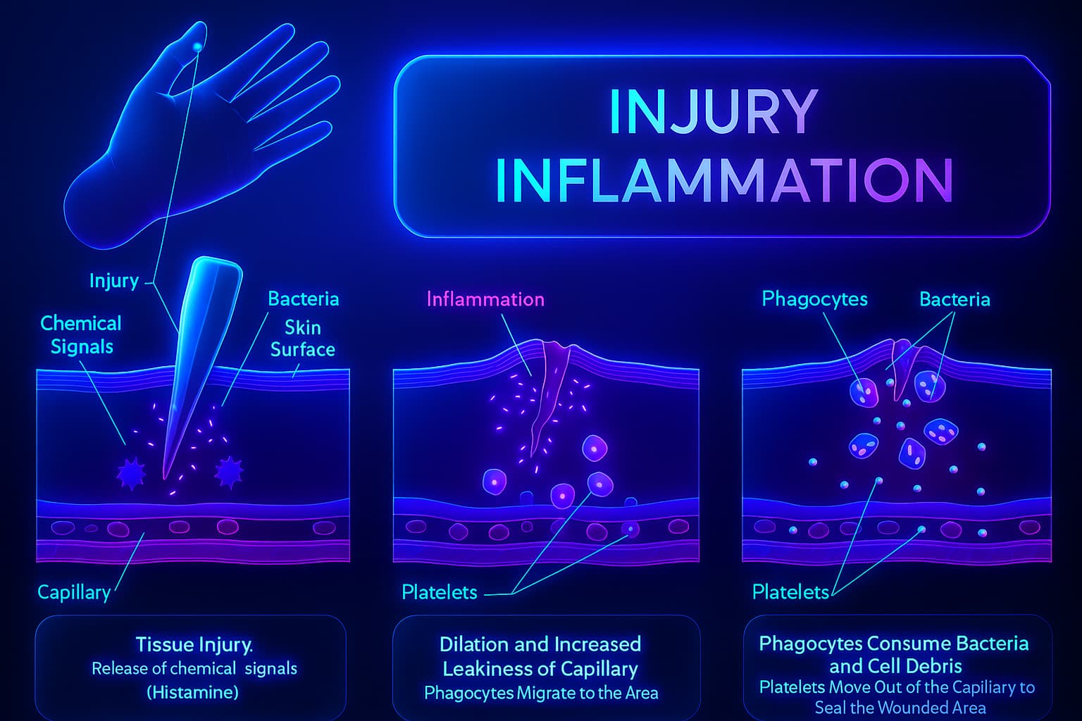 Illustration of the inflammation process showing immune cell activation and cytokine signaling — key elements in chronic inflammation and aging.