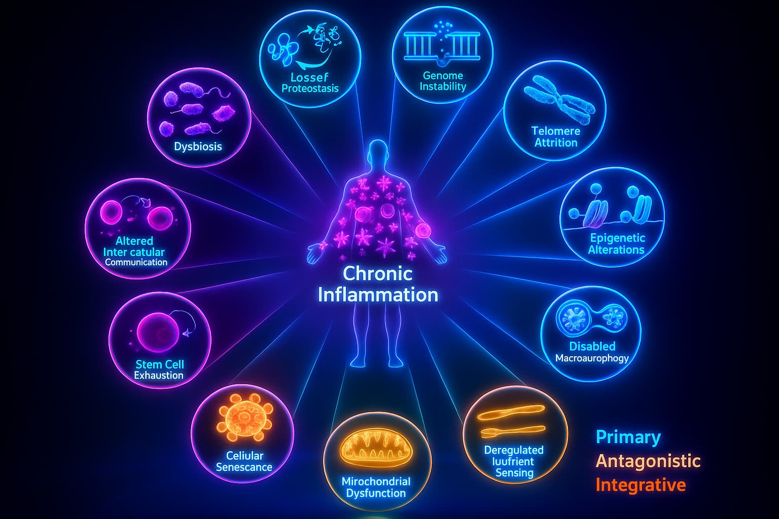 Infographic showing how chronic inflammation connects to all hallmarks of aging, including cellular senescence, mitochondrial dysfunction, telomere attrition, stem cell exhaustion, and genomic instability — highlighting the central role of inflammation in longevity decline.