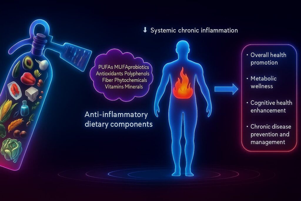 Illustration of lifestyle habits that reduce chronic inflammation — including anti-inflammatory foods, exercise, quality sleep, and stress reduction — promoting longevity and healthy aging.