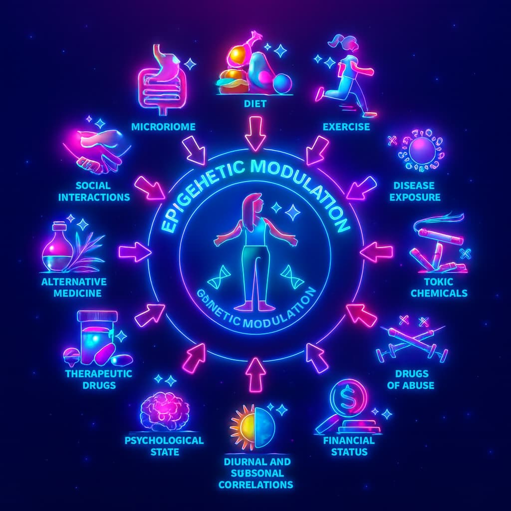Image of healthy lifestyle habits—such as nutrition, exercise, sleep, and stress reduction—promoting positive epigenetic changes linked to healthy aging and increased longevity.