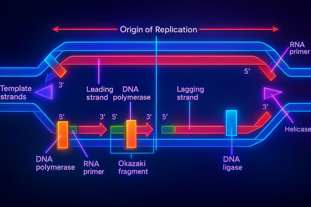 Diagram of DNA molecule showing the origin of replication, replication forks, and bidirectional DNA synthesis.