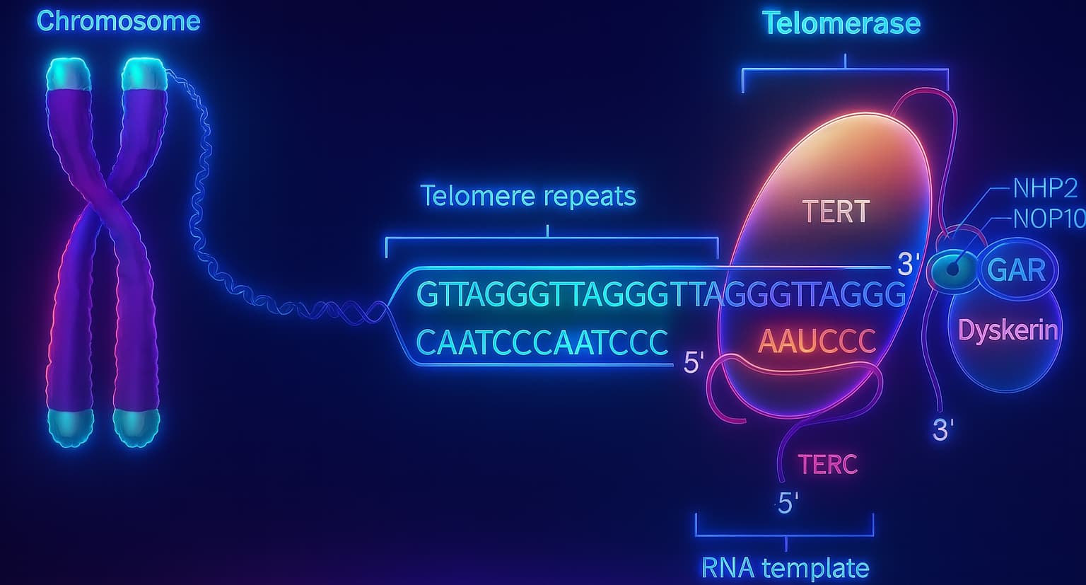 Illustration of telomerase enzyme rebuilding telomeres to protect chromosomes from aging-related DNA damage and support cellular longevity