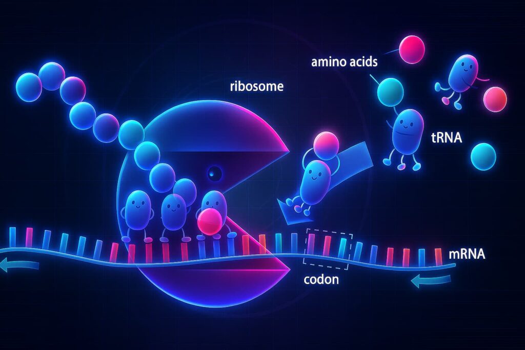 Illustration of protein building from RNA strand showing how genetic code creates proteins, related to DNA damage and aging