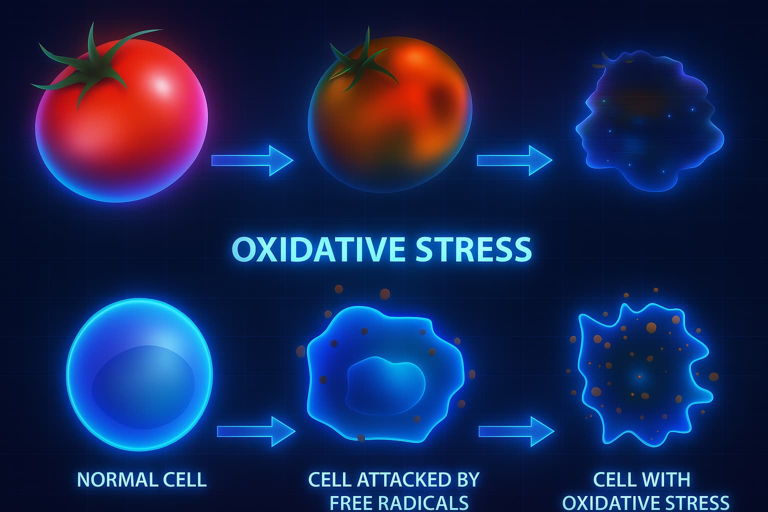 Illustration of reactive oxygen species (ROS) damaging DNA, contributing to DNA damage and aging