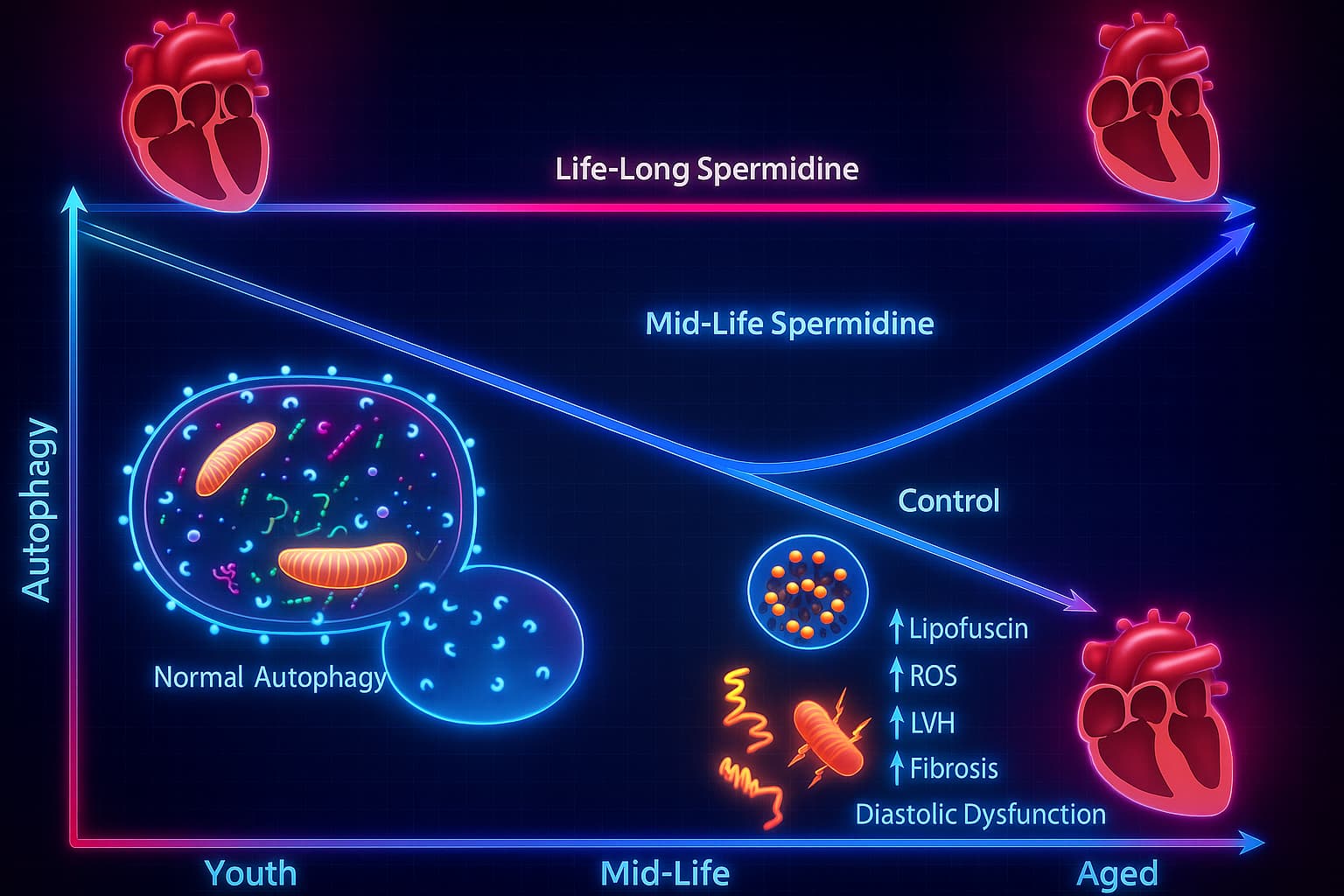 Visual showing how Spermidine activates autophagy and cellular cleanup processes—an essential longevity supplement that supports youth, cellular health, and healthy aging by targeting hallmarks like proteostasis and inflammation.