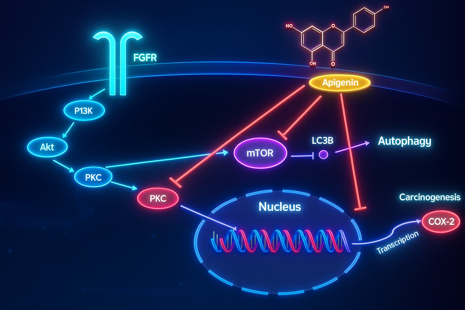Visual of Apigenin preserving NAD⁺ levels by inhibiting CD38 and calming inflammation—an emerging longevity supplement that supports cellular health, anti-aging, and stress resistance.