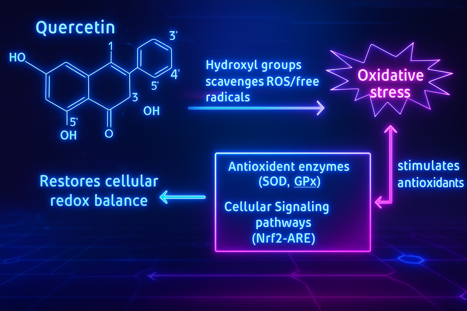 Diagram showing Fisetin and Quercetin clearing senescent cells and reducing SASP-driven inflammation—an advanced senolytic longevity supplement stack that supports anti-aging and cellular rejuvenation.