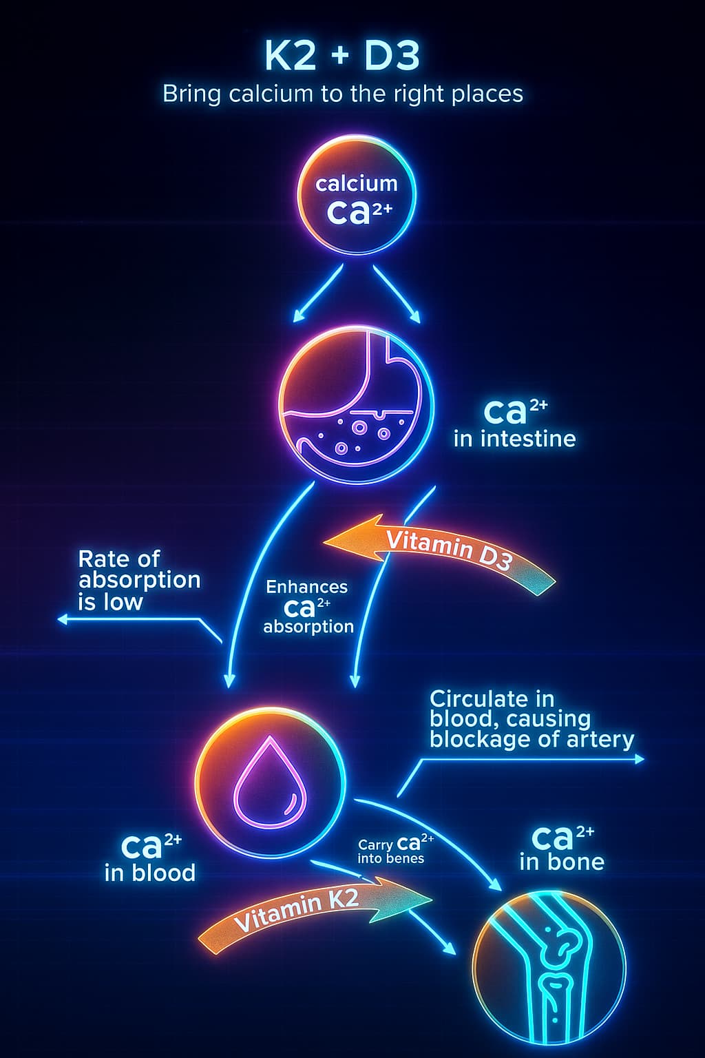 Image illustrating how Vitamin D3 and K2 work together to regulate calcium, support immune balance, and protect vascular and bone health—an essential longevity supplement duo for cellular health and healthy aging.