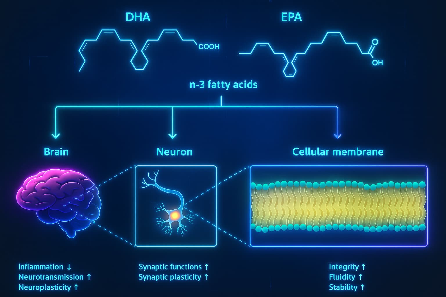 Graphic showing Omega-3 fatty acids (EPA/DHA) reducing inflammation, supporting brain function, and enhancing cell membrane integrity—top longevity supplements for anti-aging and cellular health.